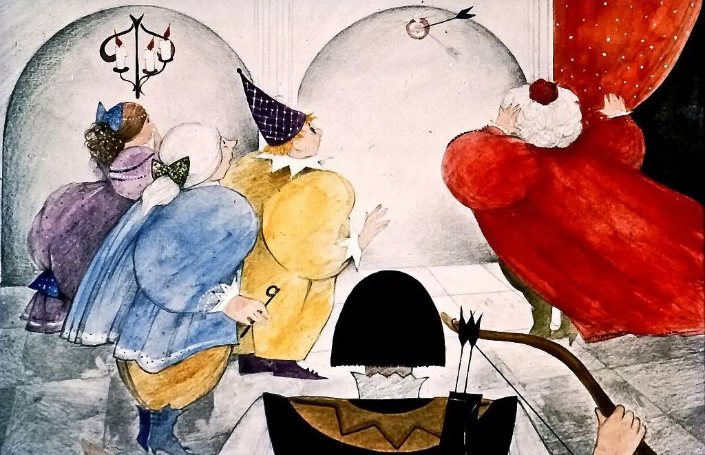 Ilustrație colorată cu mai multe personaje colorate, privind spre un obiect din centrul imaginii.