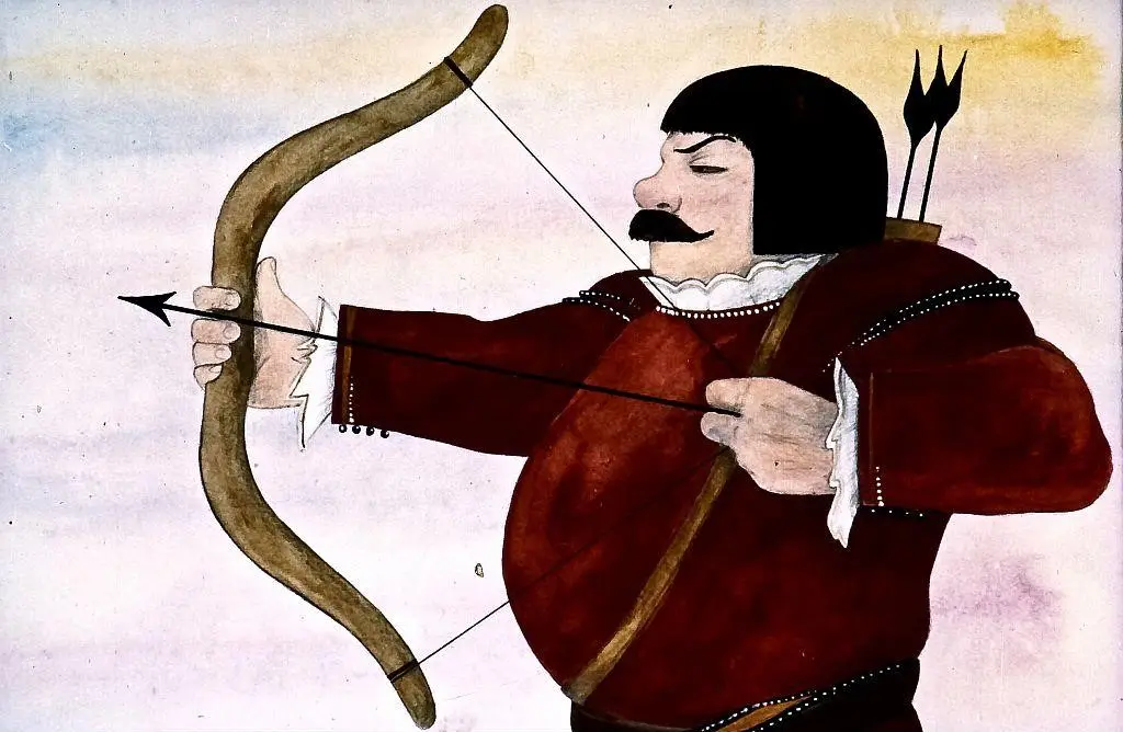Ilustrație cu un arcaș îmbrăcat în costumul tradițional, pregătit să lanseze o săgeată cu un arc.