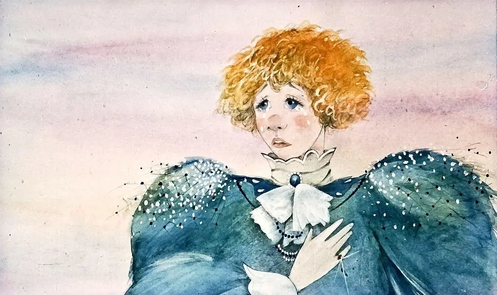 Ilustrație cu o femeie cu păr creț și rochie elegantă, exprimând emoție. Fundalul este în nuanțe de roz și albastru.