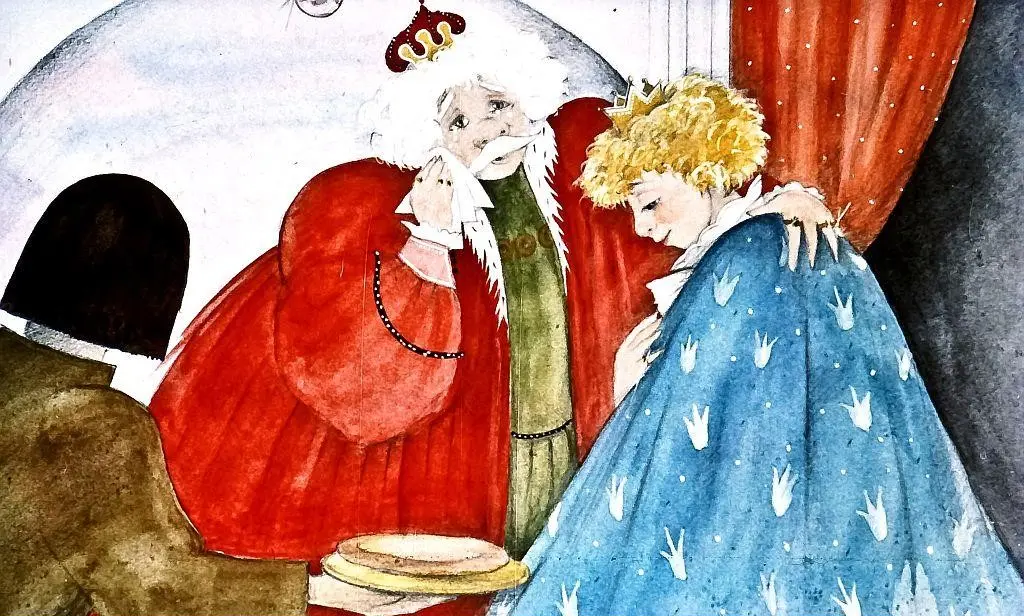 O scenă ilustrată cu trei personaje, unul dintre ele purtând o mantie roșie și o coroană, altul având părul deschis la culoare, acoperit cu o pătură albastră decorată cu modele. Unul dintre personaje pare îngrijorat.