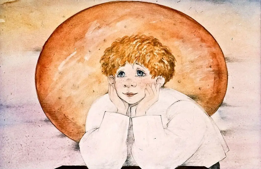 Ilustrație a unui copil cu păr creț și blond, având o expresie visătoare, sprijinindu-se de obraze, cu un fundal de nuanțe calde.