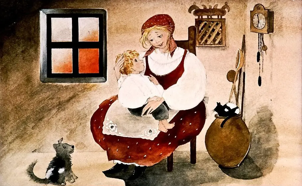 O ilustrație de interior care arată o femeie îmbrăcată în tradițional, ținând un copil pe genunchi, în fața unei feronierii, cu un câine și o pisică în fundal.