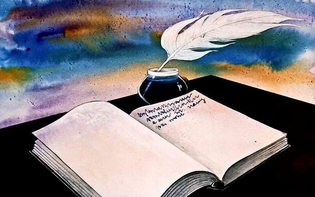 An open book with a quill pen and an ink pot on a colorful background.