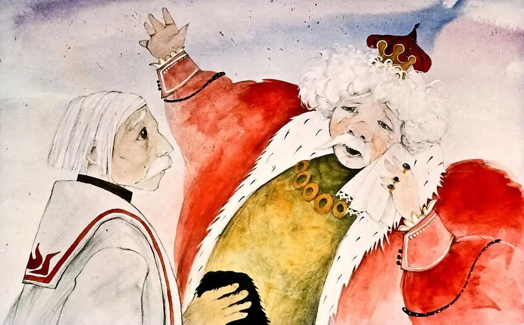 Ilustrație cu un rege îmbrăcat în mantie roșie și coroana pe cap, gesticulând, și un alt personaj care îl ascultă.