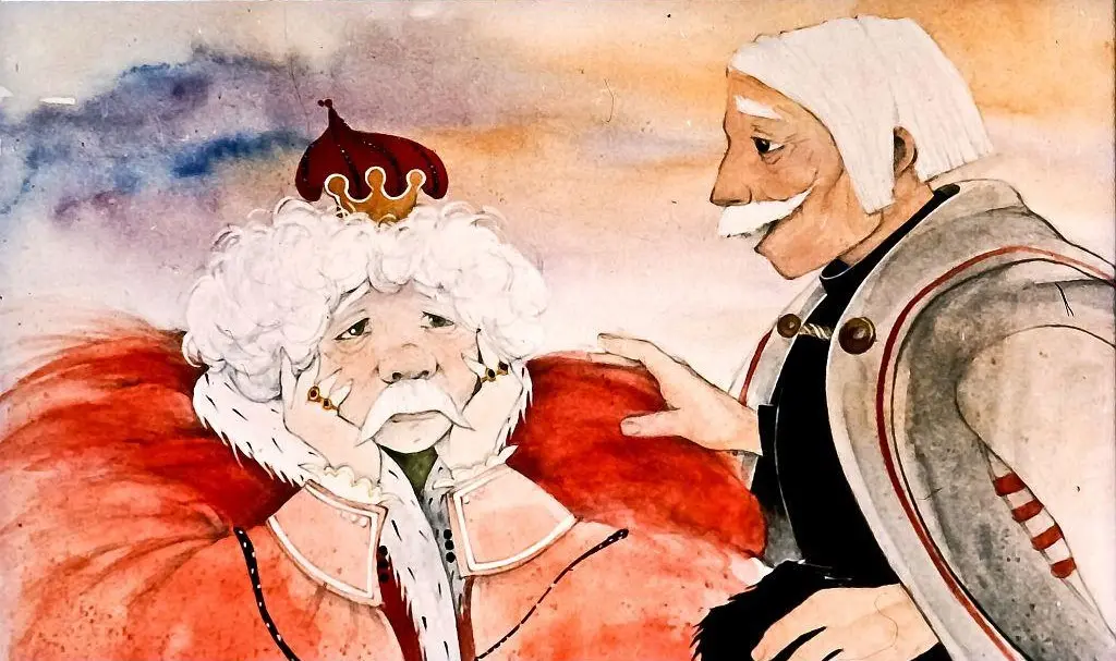 O pictură care prezintă doi bărbați, unul purtând o coroană roșie și o mantie lungă, arătând îngrijorat, iar celălalt, cu un aspect mai în vârstă, îmbrăcat într-un costum militar, pare să-i ofere sprijin.