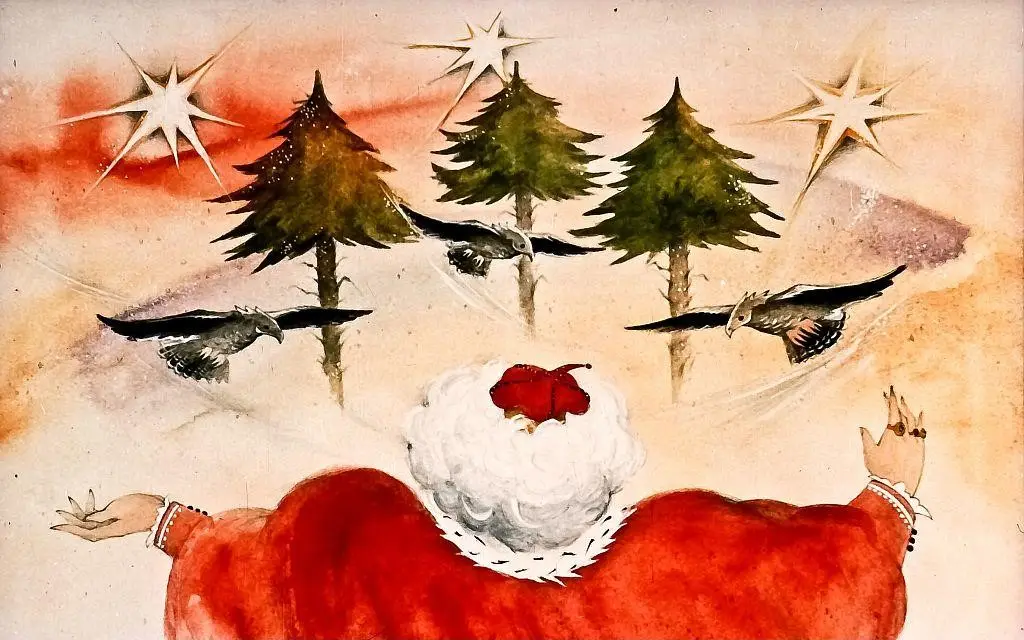 Imagine ilustrație cu o persoană îmbrăcată în roșu, cu părul alb, care se află cu spatele, îndreptându-se spre copaci și păsări pe un fundal de cer colorat.