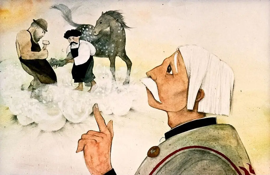 Ilustrație cu un bărbat cu mustață, îmbrăcat într-un costum distinct, privind spre două figuri care interacționează cu un cal într-un peisaj de nori.