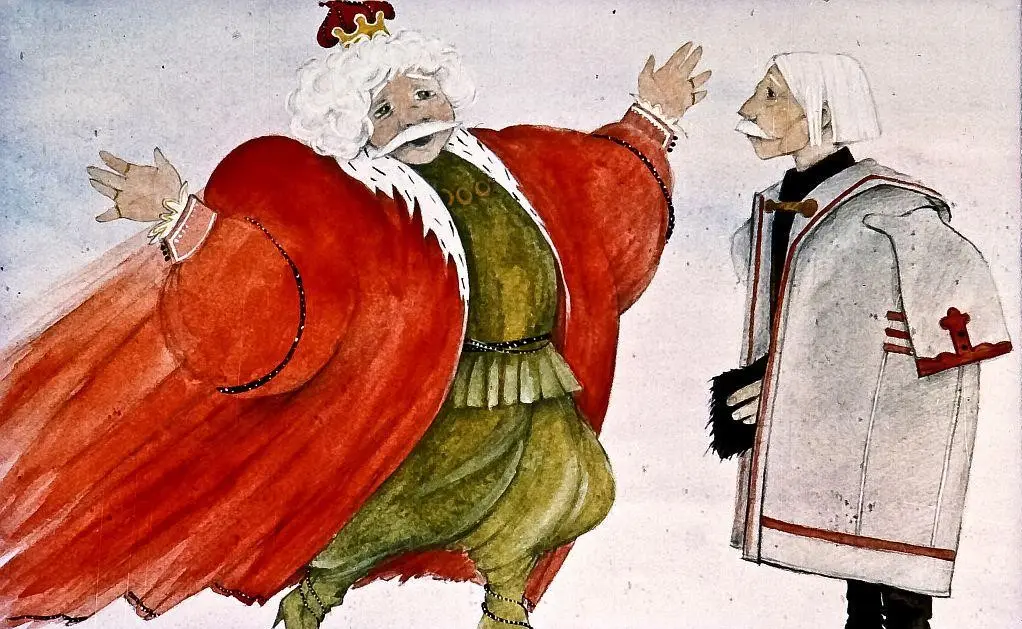 Două personaje desenate, unul purtând o mantie roșie cu o coroană, iar celălalt îmbrăcat într-un halat alb, înfățișând o interacțiune în stil de basm.