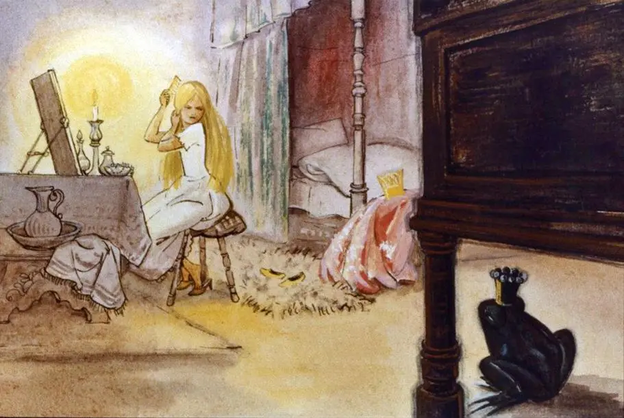 O scenă ilustrează o tânără cu părul lung stând la un birou, pieptănându-se, cu lumina caldă a unei lumânări și cu diverse obiecte în jur, inclusiv un pat în fundal.