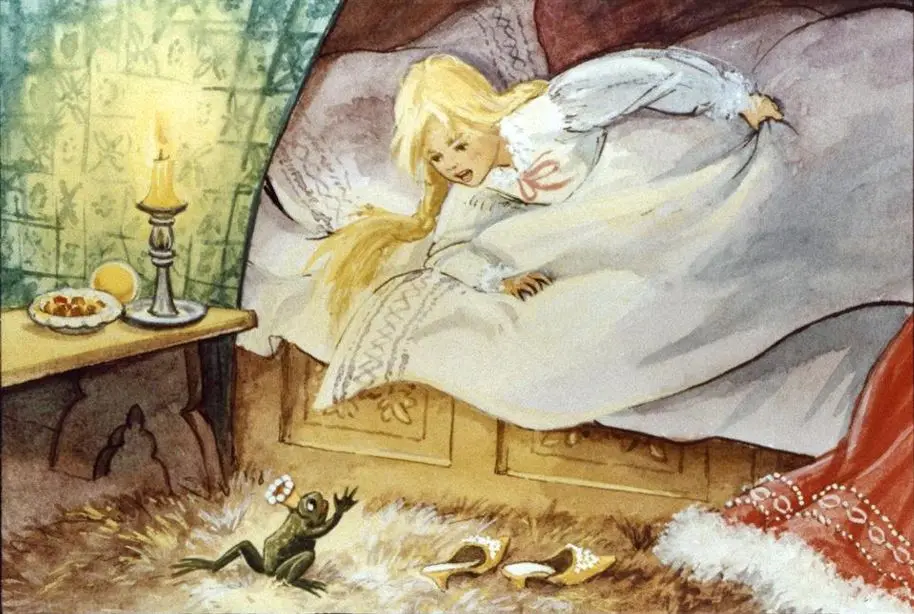 Ilustrație cu o fată blondă care se uită cu surprindere la un broscoi pe podea, în timp ce stă pe un pat într-o cameră întunecată, cu o lumânare aprinsă pe masă.