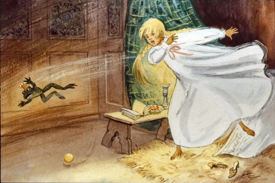 Ilustrație cu o fată speriată în haină albă, fugind de un brotac pe un fundal de cameră veche, cu o masă și o lumânare.