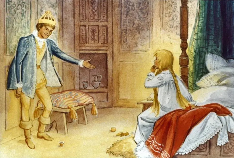 O scenă dintr-o poveste animată, cu un bărbat îmbrăcat elegant și o femeie într-o rochie albă, într-o camera decorată simplu.