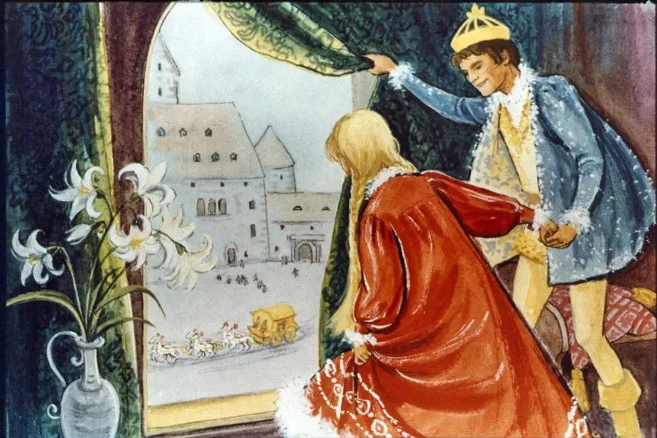 Ilustratie cu un prinț și o prințesă privind pe fereastră la o scenă dintr-un oraș medieval.