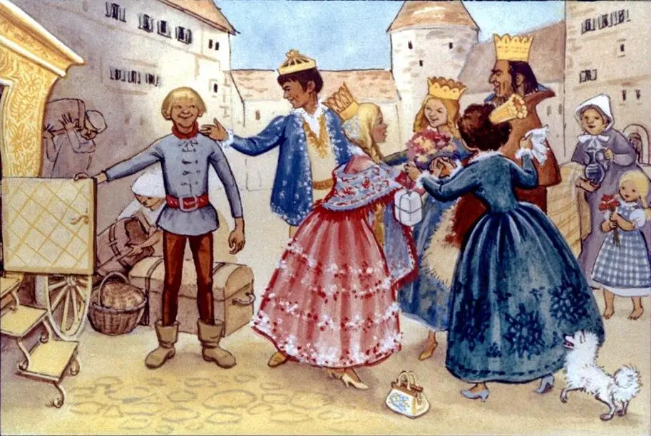 Ilustrație veselă care prezintă oameni îmbrăcați în costume medievale, interacționând într-un peisaj de oraș. Scena include un tânăr bărbat care salută o femeie îmbrăcată în rochie elegantă, alături de alte figuri feminine și un câine.