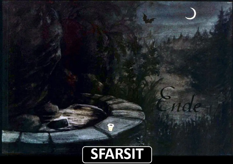 Imagine artistică cu un peisaj nocturn, care include textul 'SFARSIT' și 'Ende'.