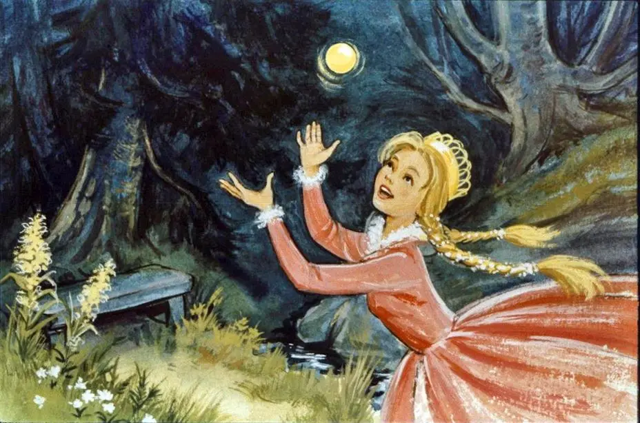 O tânără femeie îmbrăcată într-o rochie roz, jucându-se sub un cer stelar, cu un cerc de lumina galbenă deasupra.