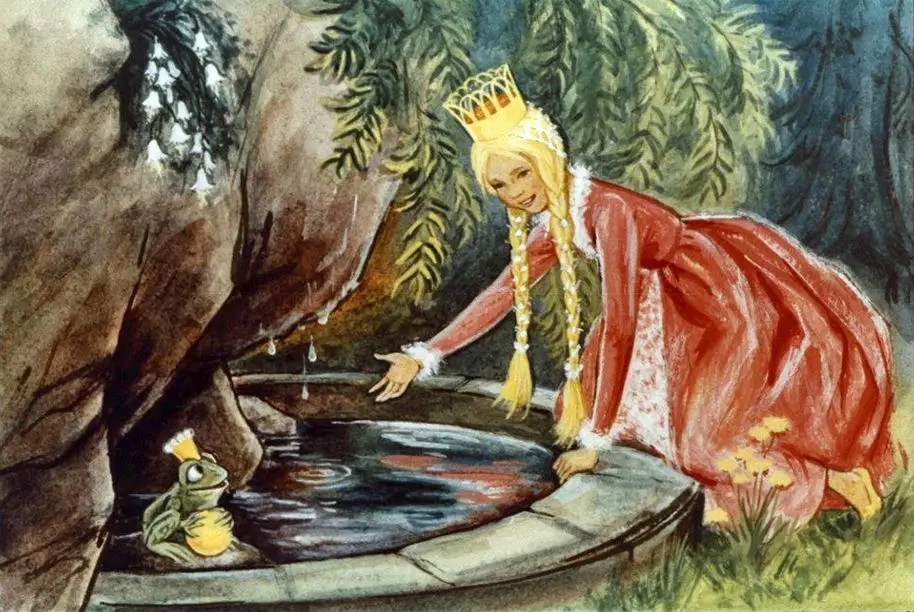 Ilustrație cu o prințesă în rochie roșie, cu părul împletit, care se apleacă spre o fântână pentru a interacționa cu o broască.
