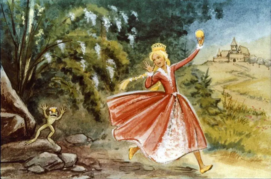 Ilustrație care prezintă o prințesă îmbrăcată într-o rochie roșie, alergând fericită cu o cupă în mână, în timp ce un broască privește cu uimire. Pe fundal se află un peisaj natural și un castel.