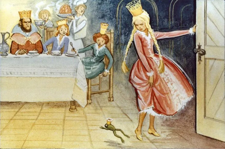 Ilustrație care prezintă o scenă cu o prințesă într-o rochie roz care se uită la un brotac pe podea, în timp ce o masă este aranjată pentru o cină, cu mai multe persoane la masă, inclusiv un rege și o regină.