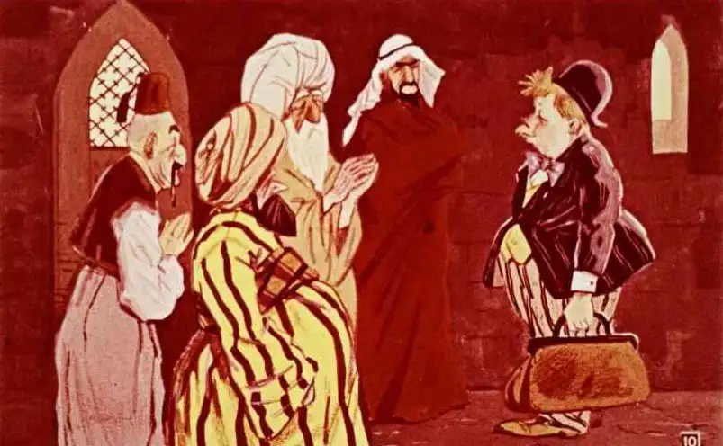 Ilustrație cu un grup de personaje într-un palat, discutând, cu un bărbat mic cu mustață stufos și îmbrăcat în straie europene.