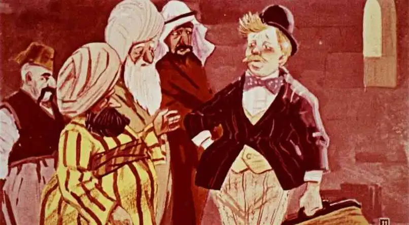 O scenă ilustrată cu un sultan și o persoană îmbrăcată elegant care se află în mijlocul unei discuții.