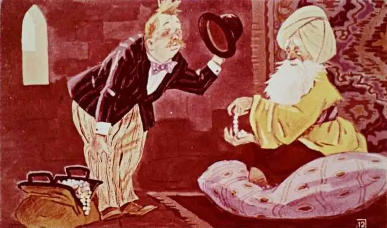 Ilustratie cu un personaj in fata sultanului, scotand o valijoara cu bijuterii.