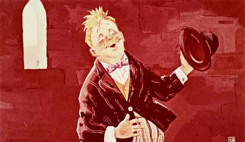 Ilustrație colorată a unui bărbat zâmbitor, îmbrăcat elegant, care poartă o pălărie, scrisori de text deasupra.