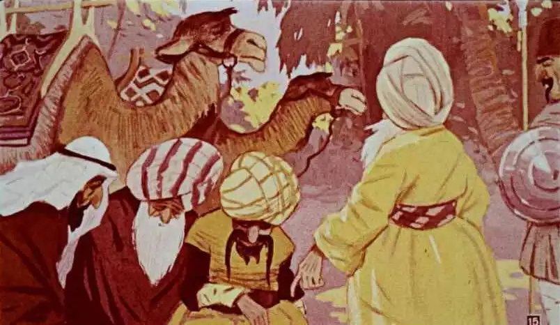 Ilustrație cu oameni și camile într-un peisaj, cu text descriptiv despre o prințesă și un sultan.