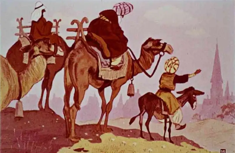 Imagine ilustrativă cu o scenă de călătorie în deșert, însoțită de text explicativ despre vânătoarea unui individ în Europa.