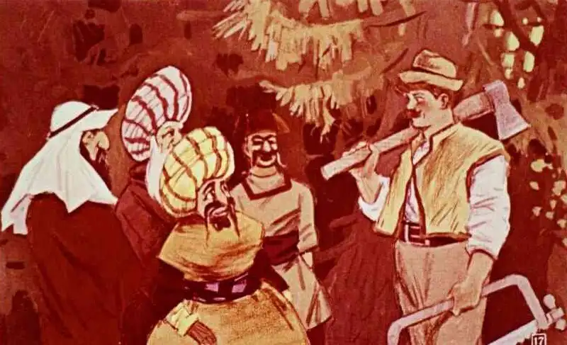 Ilustrație cu oameni îmbrăcați în straie tradiționale și moderne, discutând într-o pădure.