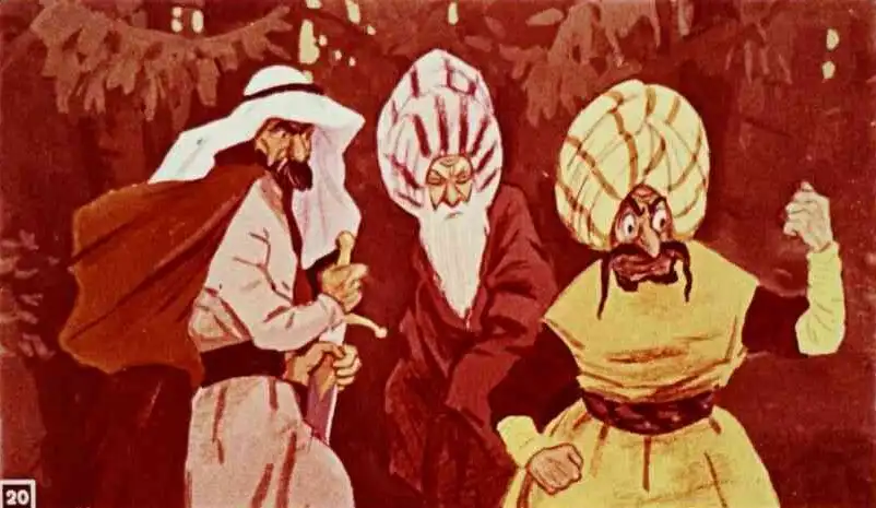 Ilustrație cu trei bărbați discuționând în pădure.