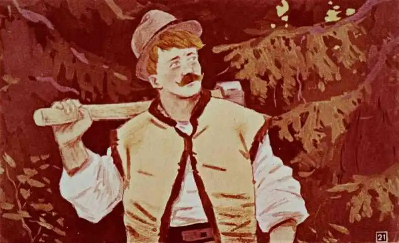 Ilustrație cu un bărbat, îmbrăcat într-o vestă, purtând o toporișcă, care pare indiferent față de amenințările din jur.