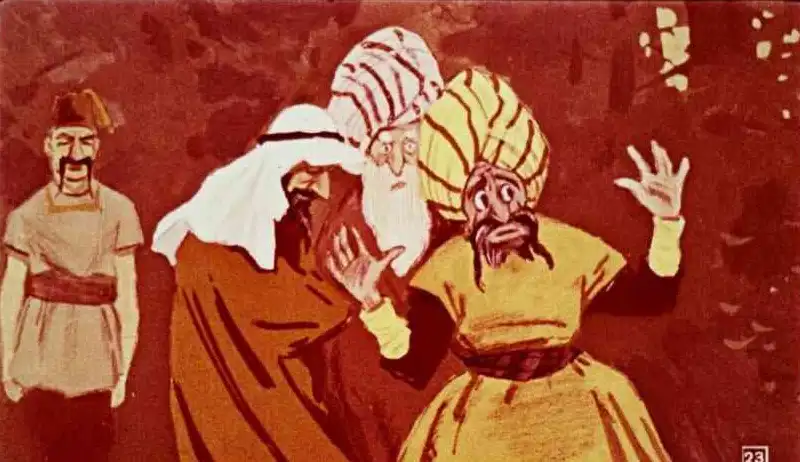 Ilustrație cu personaje discutând despre un om puternic, temându-se pentru viețile lor și căutând o soluție.