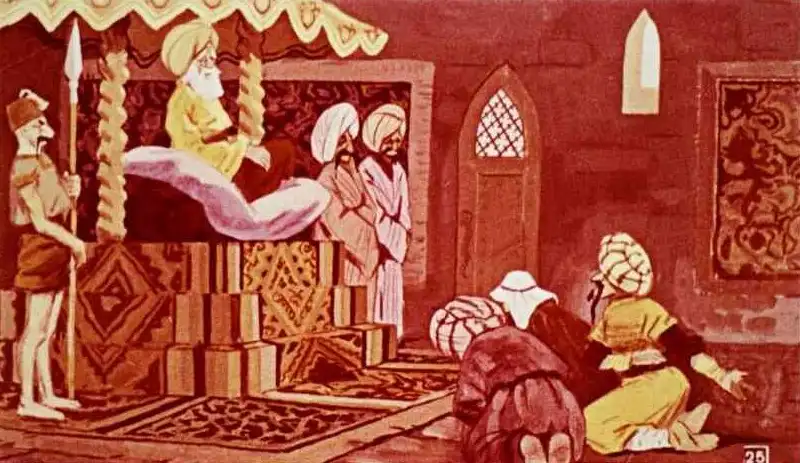 Ilustrație istorică cu oameni închinându-se în fața unui sultan.