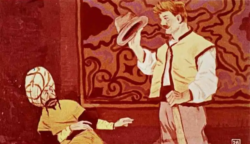 Imagine ilustrativă a unui om care salută respectuos un sultan, ridicându-și pălăria, cu o expresie de reverență și un context cultural evident.