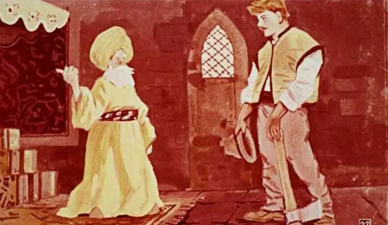 Ilustrație cu un sultan și un bărbat, cu text despre o conversație legată de o prințesă slabă.