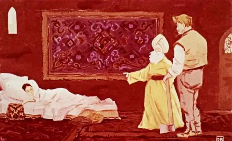 Ilustratie cu o printesa care doarme, inconjurata de personaje care discută despre starea ei.