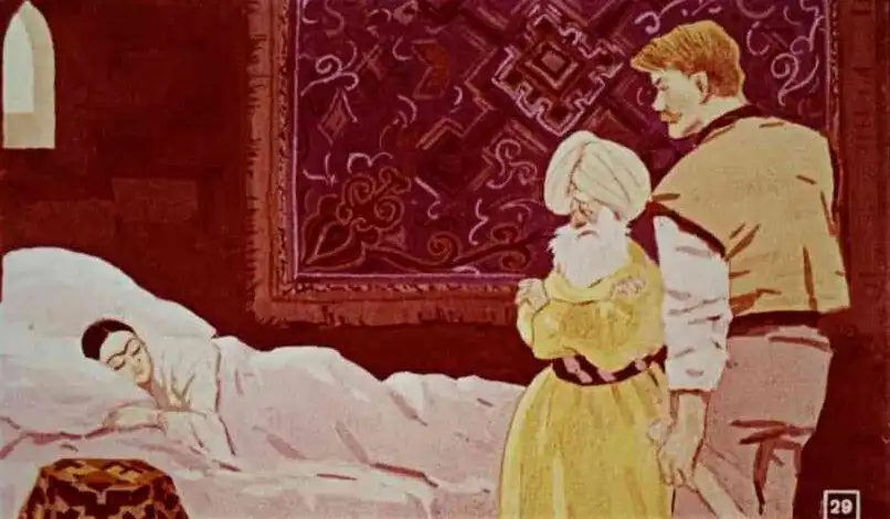 Ilustrație cu un bărbat și o femeie apropiindu-se de un pat, cu o tânără doamnă odihnindu-se, înconjurați de o atmosferă caldă și o lumină difuză.