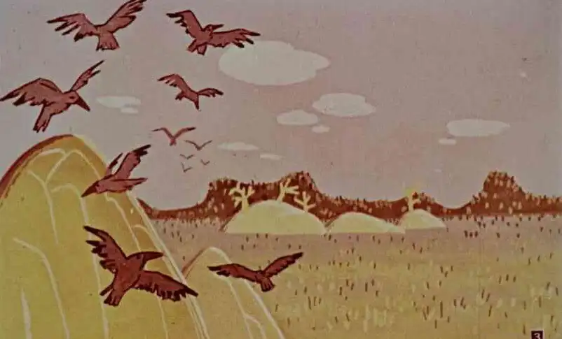 O imagine care ilustrează o scenă din vechea Persie, cu păsări zburând și un peisaj natural cu dealuri și copaci.