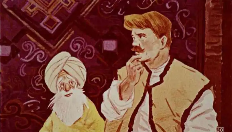 O ilustrație care prezintă un țăran și un bărbat cu turban, având un text descriptiv despre o prințesă. Bărbatul pare gânditor, iar țărănul se uită spre el.