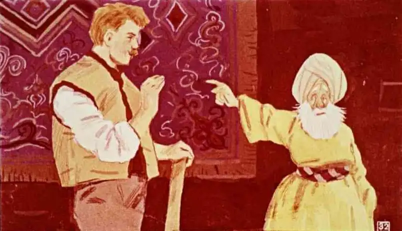 Ilustrație animată cu un sultan și un om care discută despre o prințesă bolnavă.