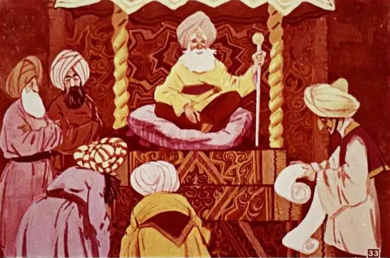 Ilustrație care prezintă un sultan dând ordine scribilor despre o lege, însoțit de curteni îngrijorați.