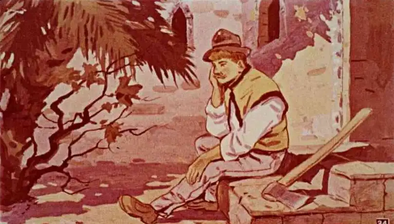 Ilustrație a unui taietor de lemne care meditează în fața unui palat, având o expresie de îngrijorare.