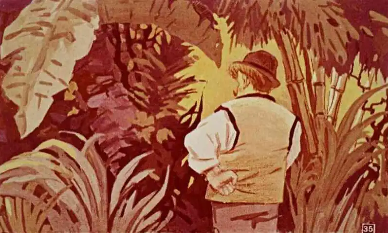 O ilustrație reprezentând o persoană stând în fața unui peisaj de vegetație bogată, cu un fundal de palmieri și plante tropicale.