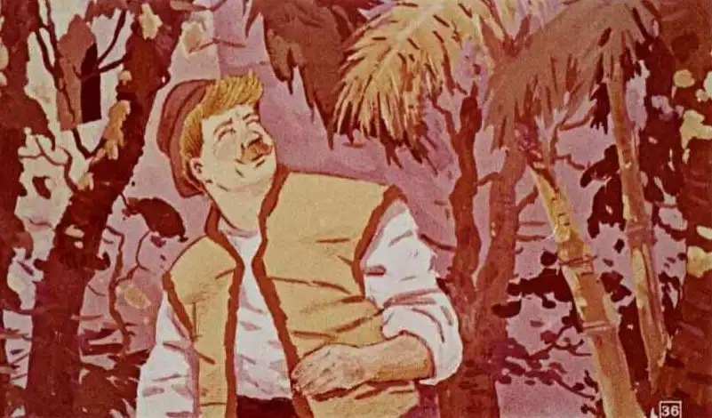 Ilustrație dintr-o poveste, cu un bărbat surprins într-un peisaj întunecat, evocând o atmosferă de mister.