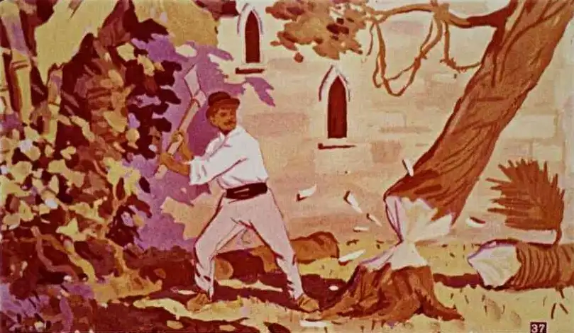 Imagine cu un taietor de lemne in padure, cu descrierea contextului in care lumina soarelui nu ajunge in palat.