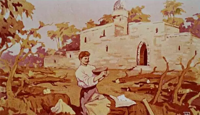 Ilustrație cu un băiat tăind copaci, acompaniat de un text descriind scena.