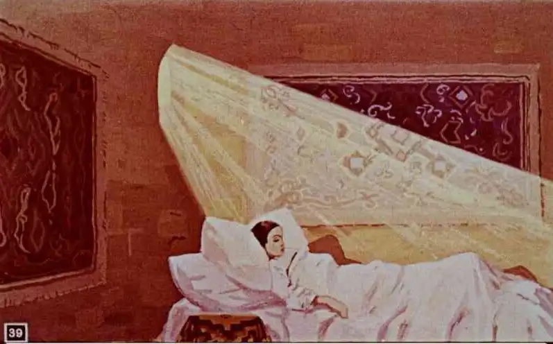 Ilustrație a unei femei care doarme, cu raze de soare care pătrund în cameră.