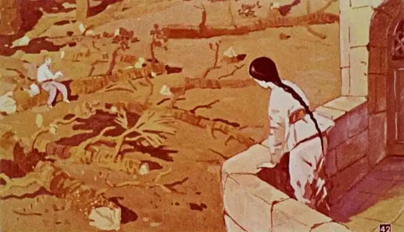 Imagine a unei persoane pe terasa unui palat, privindu-l pe un taietor de lemne care se odihneste.