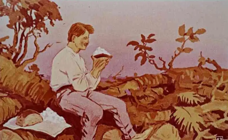 Ilustrație cu un bărbat care mănâncă un aliment alb, așezat pe o stâncă în natură.